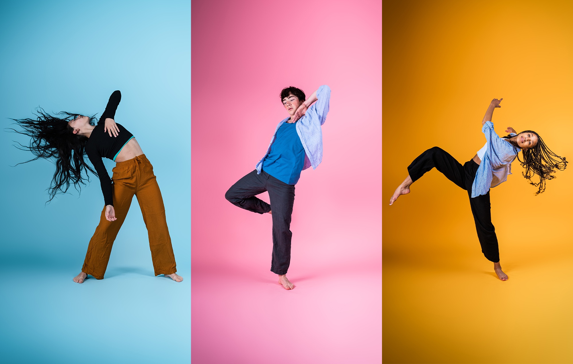 3 dancers on coloured backgrounds