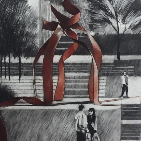 an artist's visualisation of the planned artwork as viewed from a distance, 5 ribbon-like shapes in burnt orange copper reach and curve up up to the sky, sketched in pastels. Figures stand in the foreground to suggest the work is at least 3 times as tall as a person